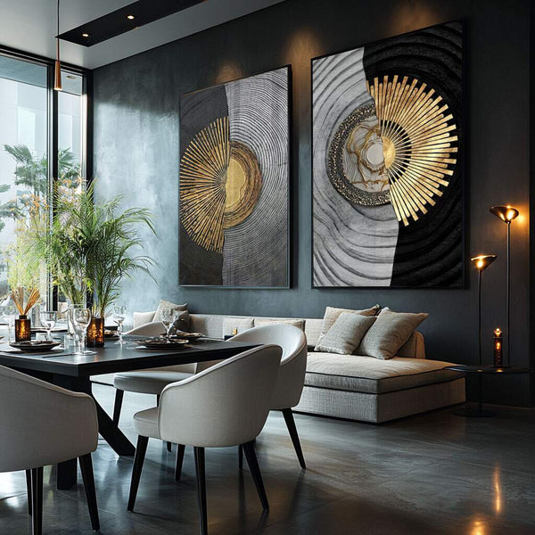 quadro decorativo mandala geométrica em dourado e preto para quarto