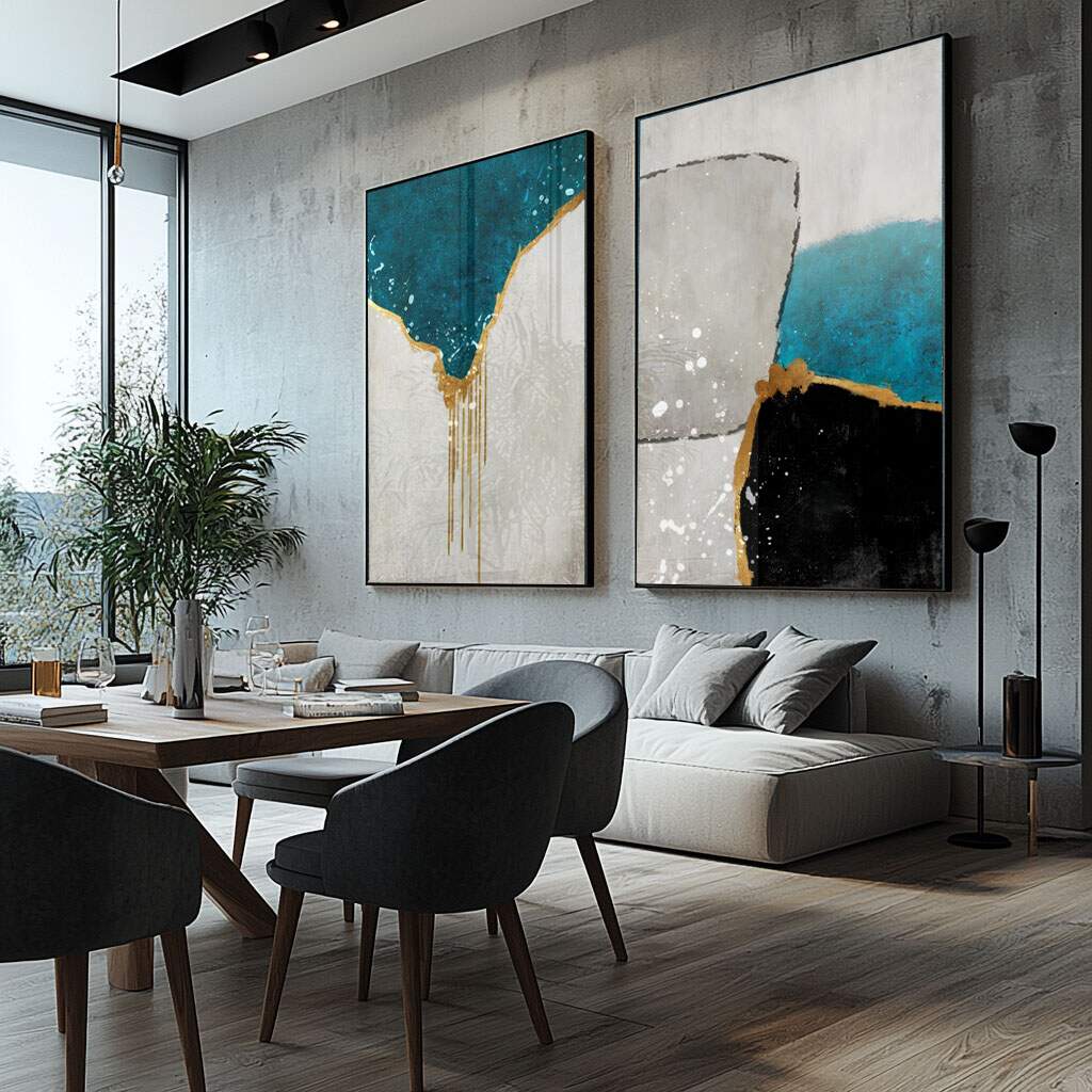 quadros decorativos abstratos com ouro e azul em sala de estar