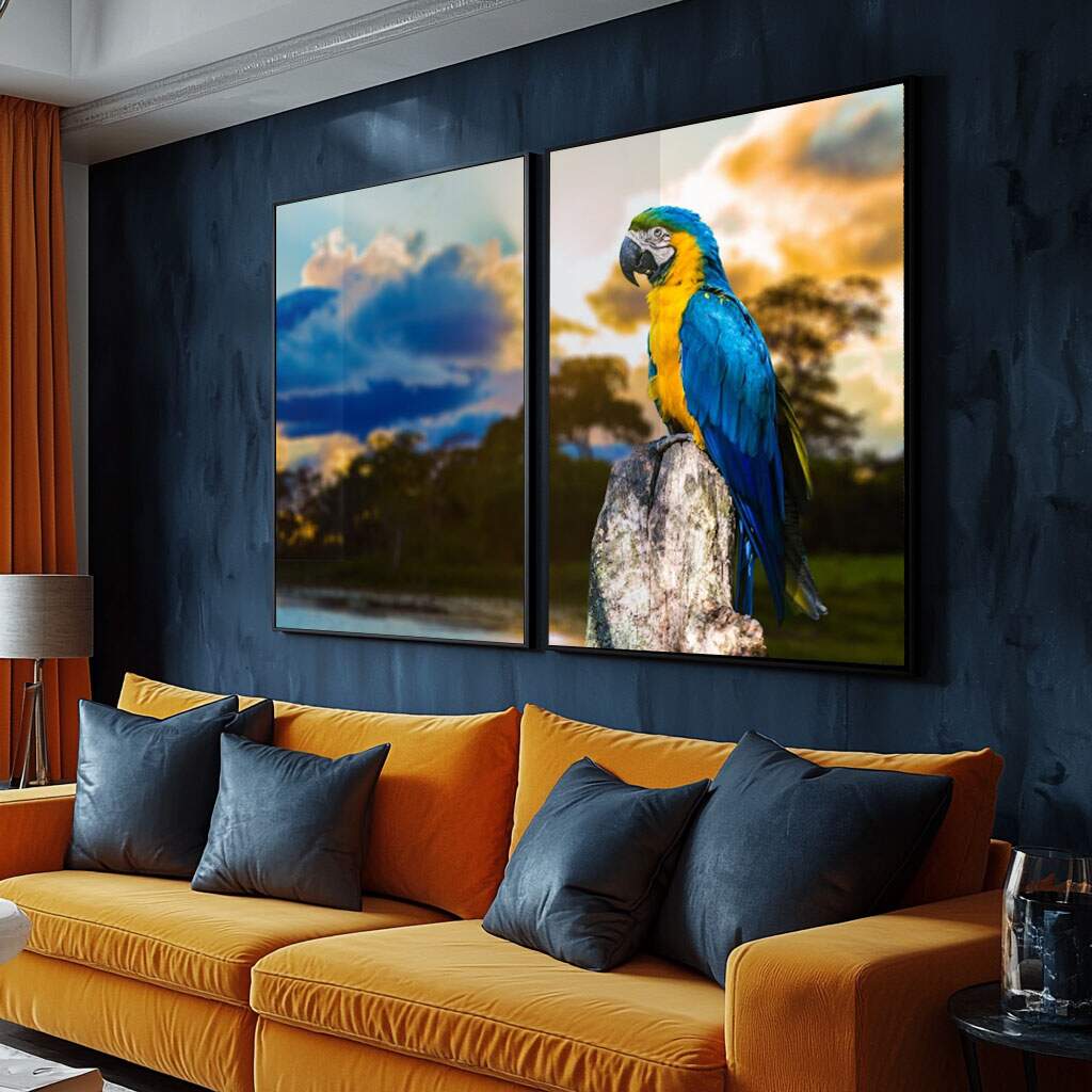 quadros decorativos para área gourmet com estilo tropical e cores vibrantes