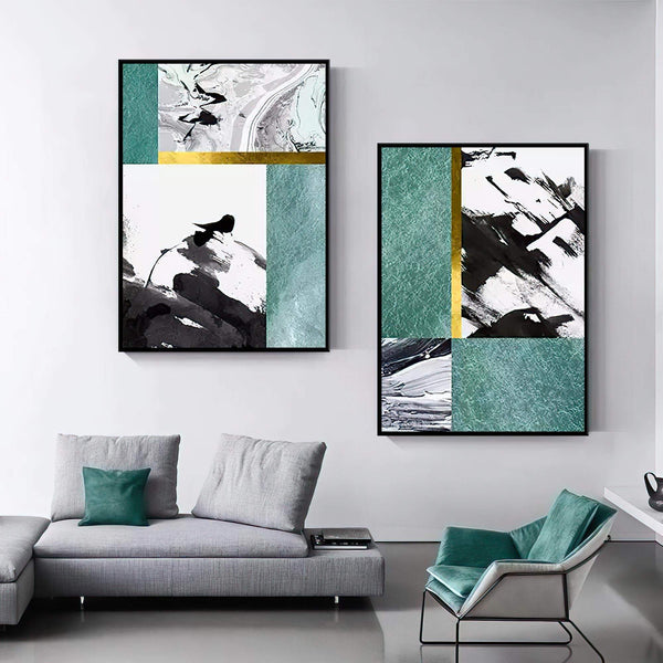 quadros decorativos para cozinha gourmet em composição geométrica com tons de ouro e verde