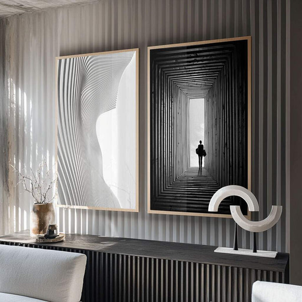 quadros decorativos para salão de beleza em tons geométricos preto e branco