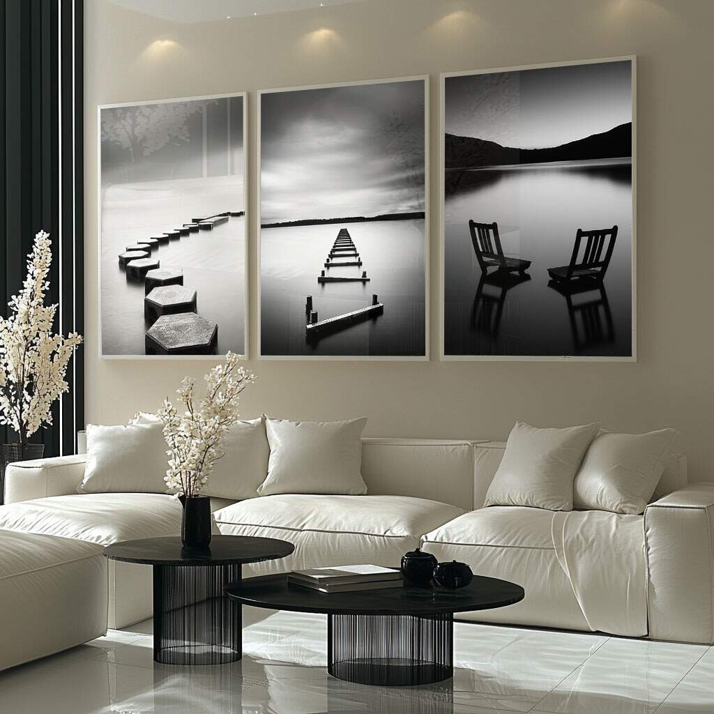 quadros decorativos com moldura preta em parede branca moderna