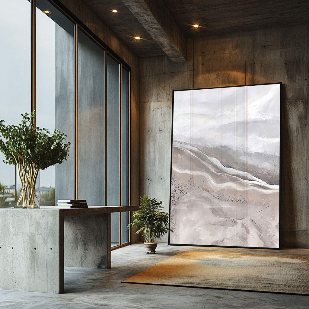 Quartos de casal modernos com paisagem abstrata em tons neutros decorando parede principal