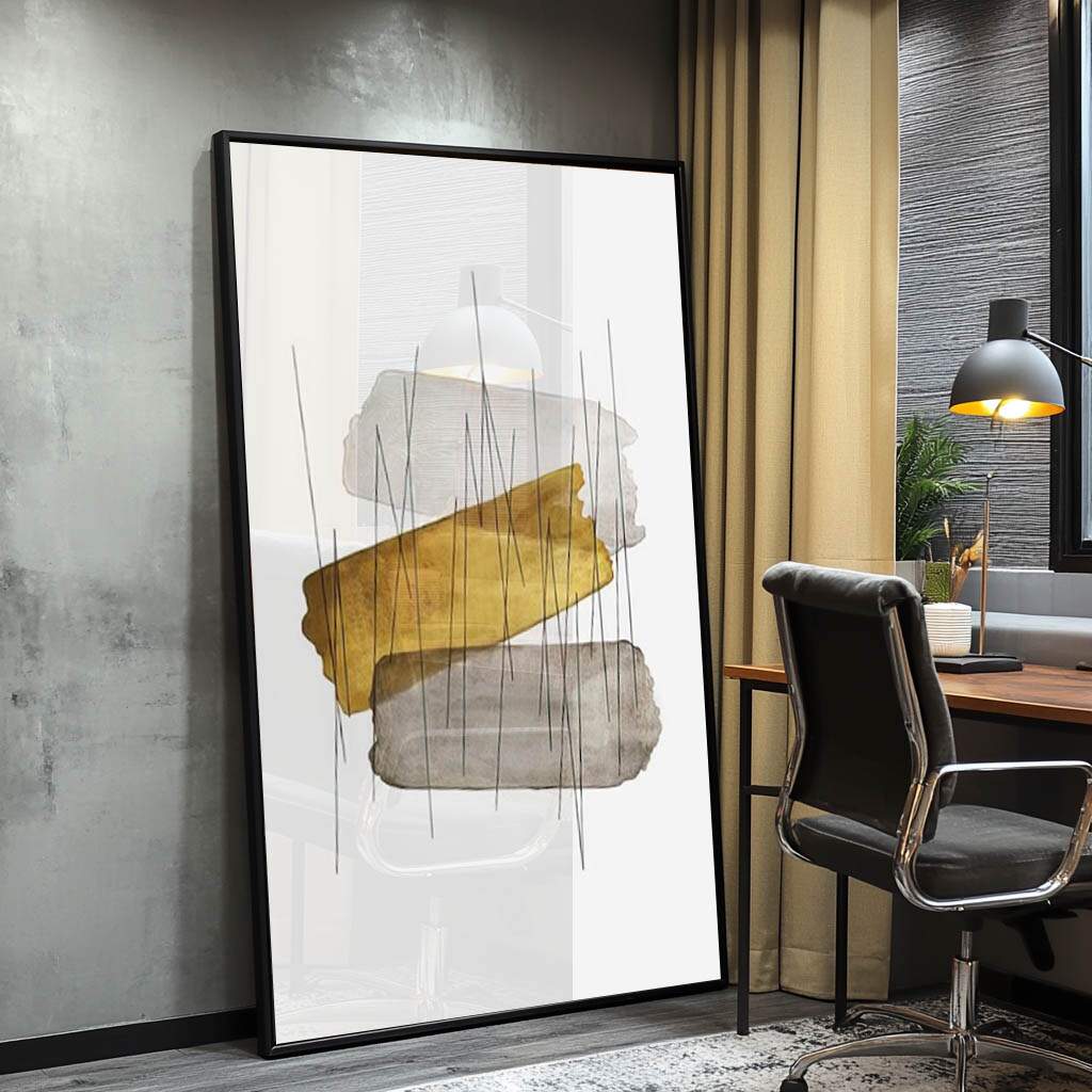 quadros decorativos para sala em padrão abstrato amarelo e cinza com acabamento em canvas