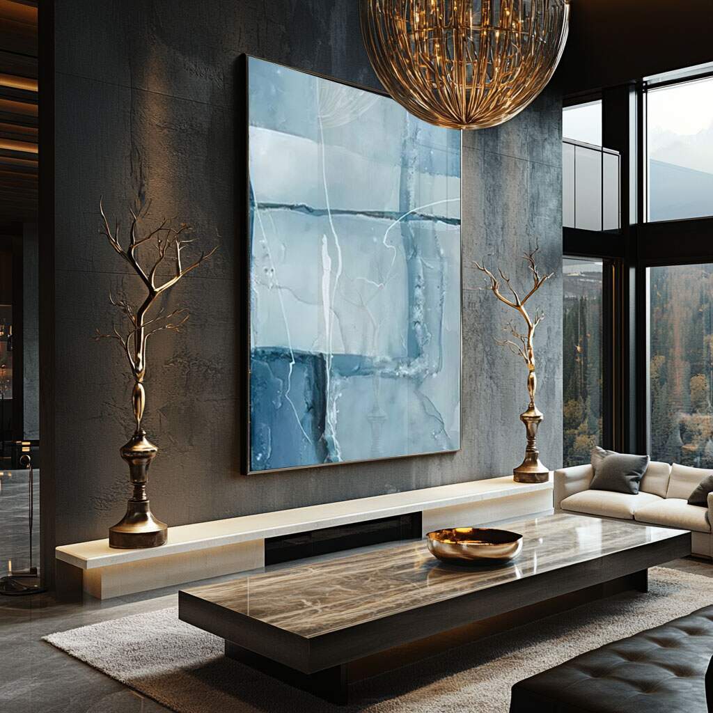quadro decorativo vinil abstrato azul branco com moldura dourada
