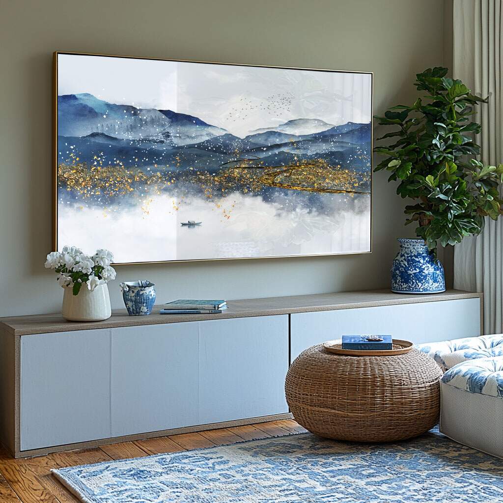quadros decorativos para sala com paisagem montanhosa em tons azuis e dourados