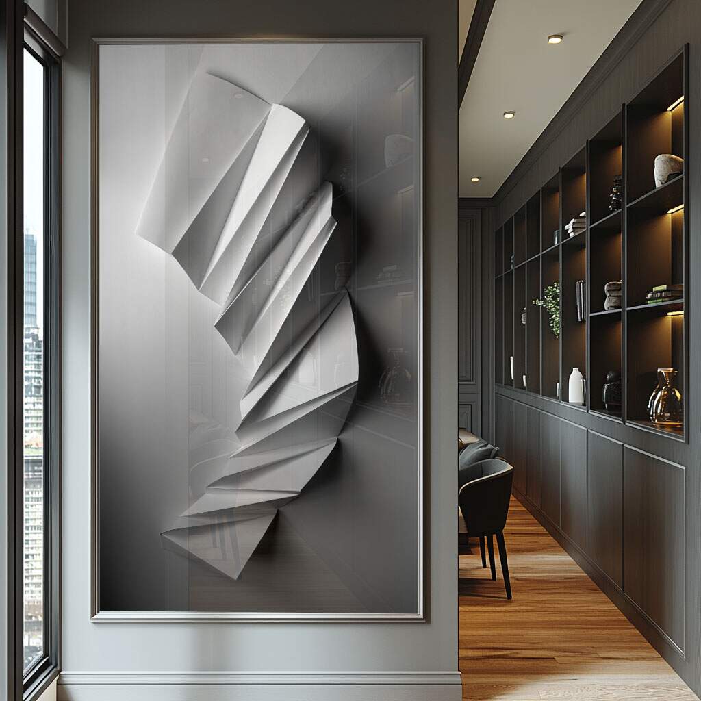 quadro decorativo com paleta de cores cinza e branco para sala de estar moderna