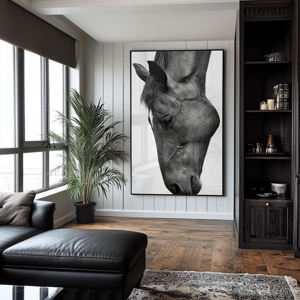 Quadros vintage para sala em preto e branco com cavalo minimalista