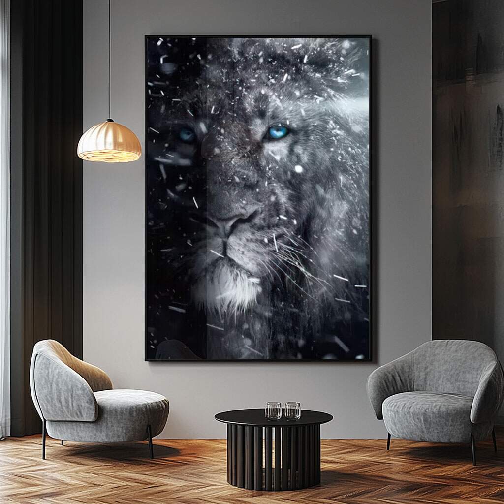 quadro leão vertical em preto e branco com olhos azuis para decoração