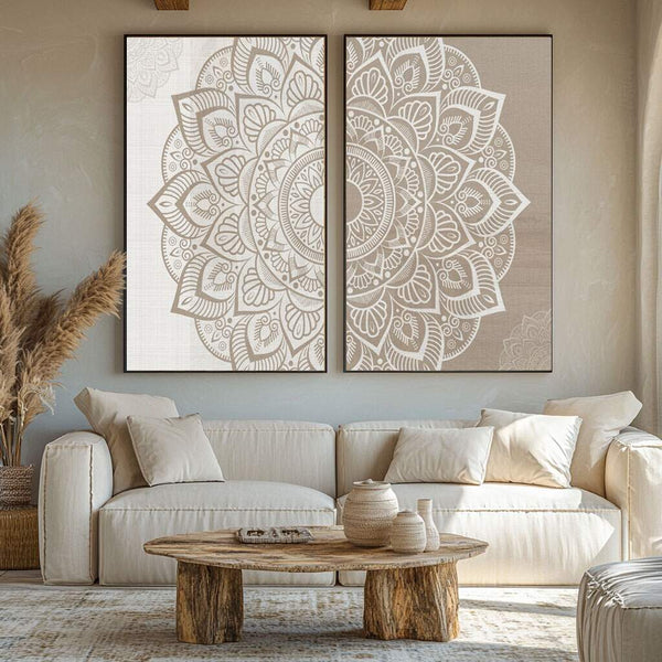 quadros decorativos mandalas geométricas bege branco sala sala