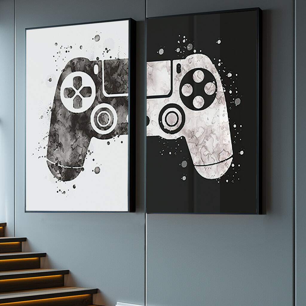 Quarto gamer simples com quadro decorativo temático de controle de videogame