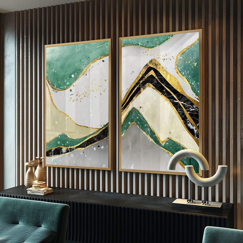 quadros decorativos abstratos em tons verdes e dourados para quarto de casal pequeno