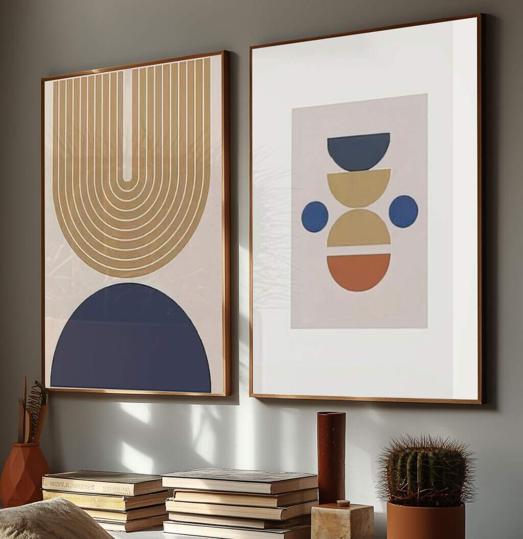 quadros decorativos para sala de estar com formas geométricas em tons azul bege e terracota