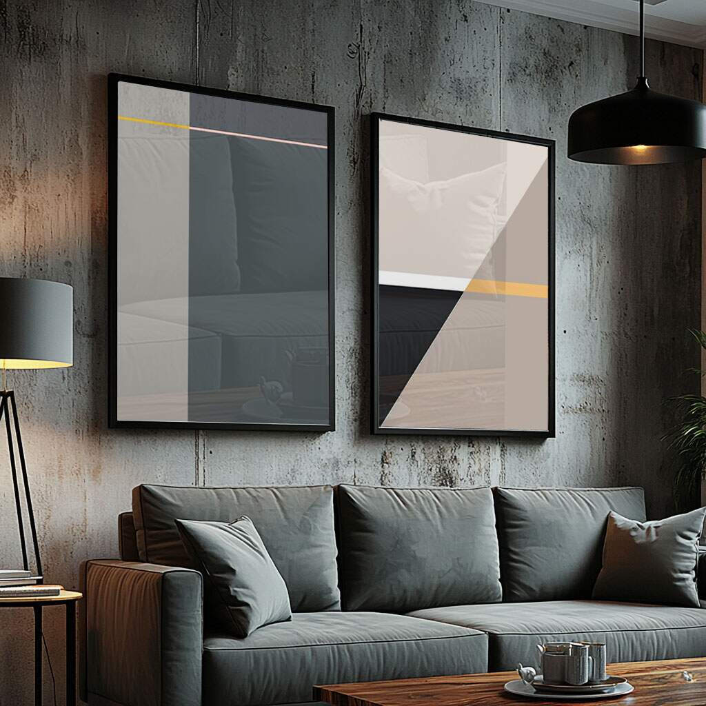 quadros decorativos para ambientes em composição geométrica com tons bege e dourado