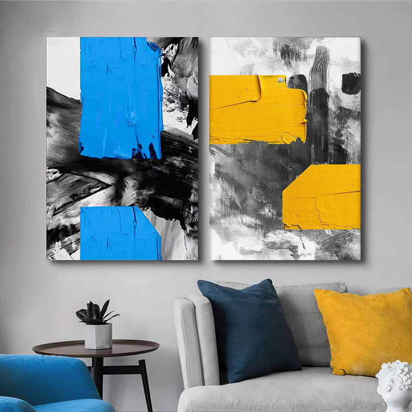 Quadros decorativos baratos em estilo abstrato com cores azuis e amarelas para decorar quarto