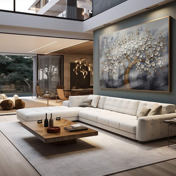 Quadro Árvore da Vida Dourada em ambiente de sala com decoração premium