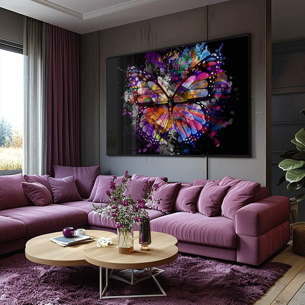 quadros decorativos para parede com borboleta colorida em respingos vibrantes