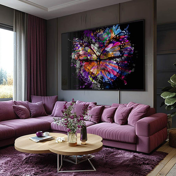 quadros decorativos para parede com borboleta colorida em respingos vibrantes