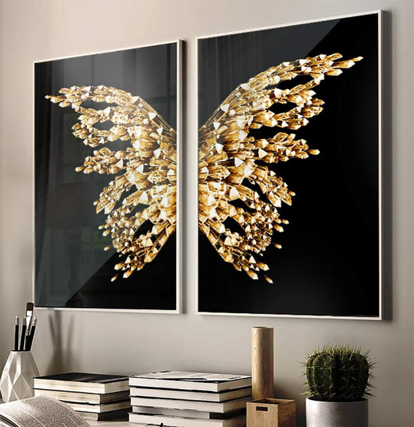 Borboleta quadro decorativo com asas douradas em fundo explosão preto