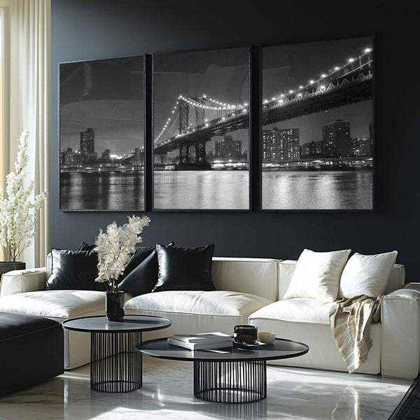 quadros decorativos para sala estilo industrial com vista monocromática da ponte de Manhattan