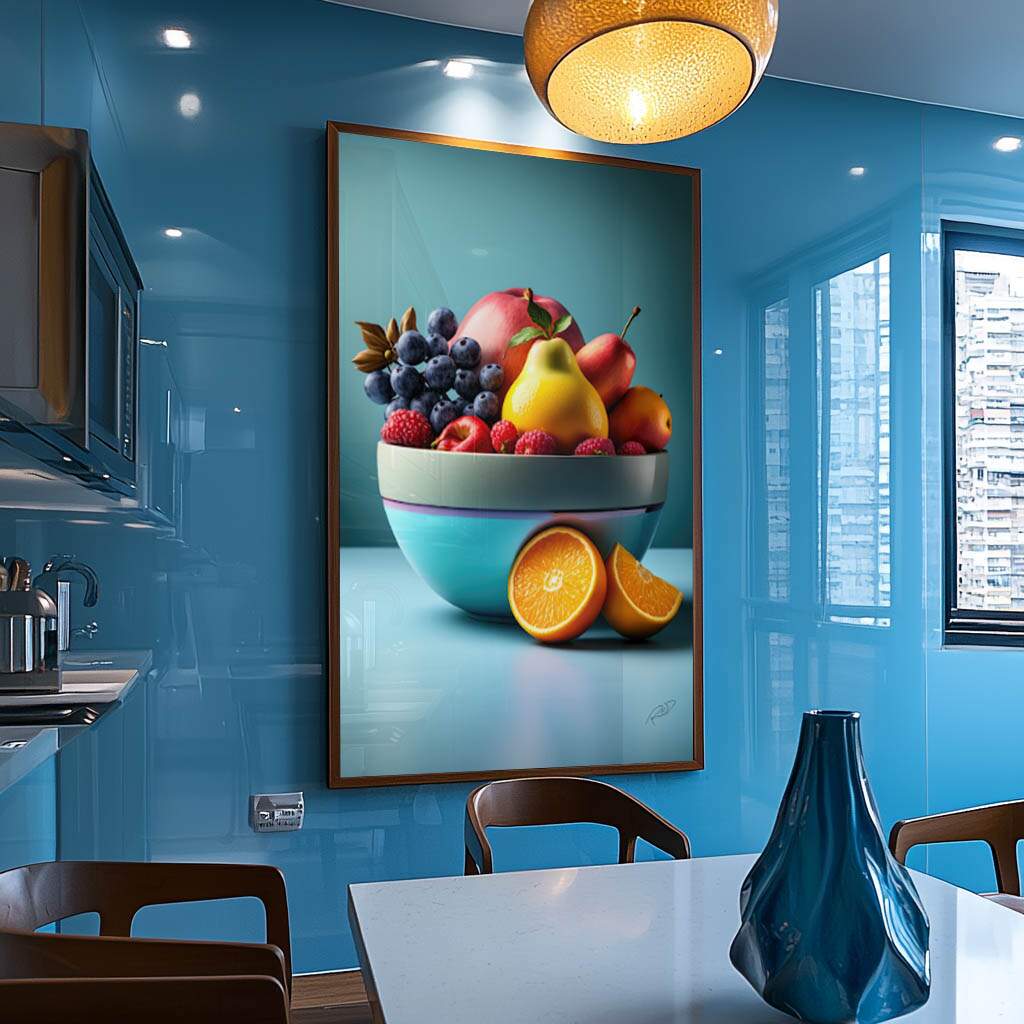 Decoração de cozinha com quadro rústico de frutas em tigela azul e elementos naturais