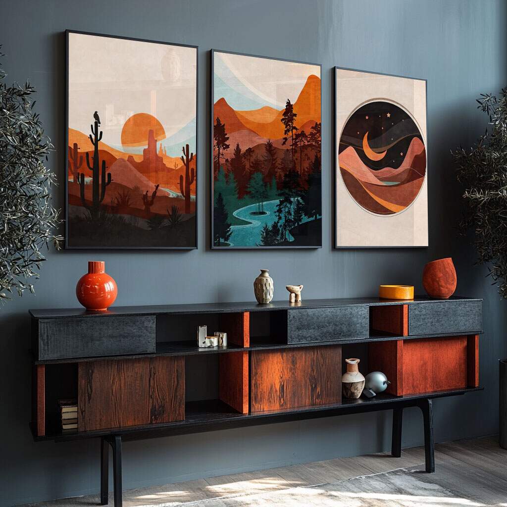quadros decorativos para quarto em triptco com paisagens minimalistas
