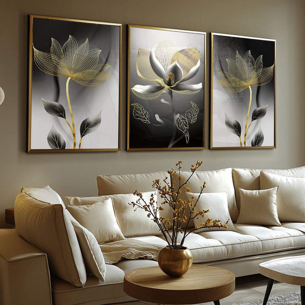 quadros decorativos para quarto preto e branco com flores monocromáticas e detalhes dourados