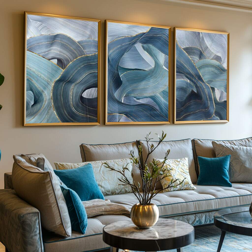 quadros decorativos para sala de estar em tons abstratos azul e dourado