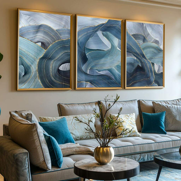 quadros decorativos para sala de estar em tons abstratos azul e dourado