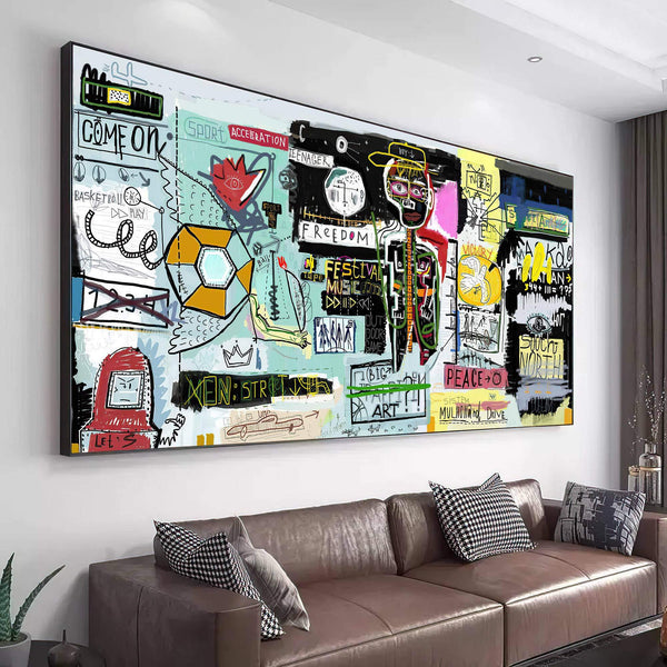 Quadros decorativos de paisagens urbanas em estilo street art com cores vibrantes e composição dinâmica