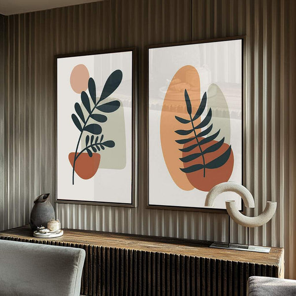 quadros decorativos para lavanderia em tons quentes e azul com folhagens minimalistas