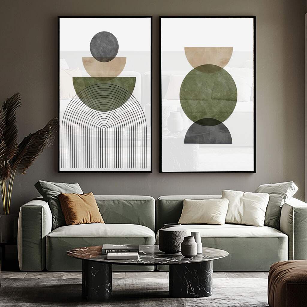 quadros decorativos com formas geométricas abstratas em verde e cinza representando estilo pessoal