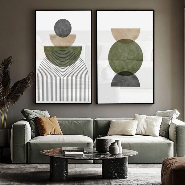 quadros decorativos com formas geométricas abstratas em verde e cinza representando estilo pessoal