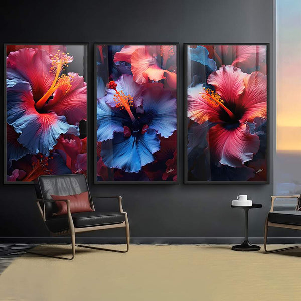 Quadro de borboletas em tons naturais com flores de hibisco rosa e azul para decoração premium