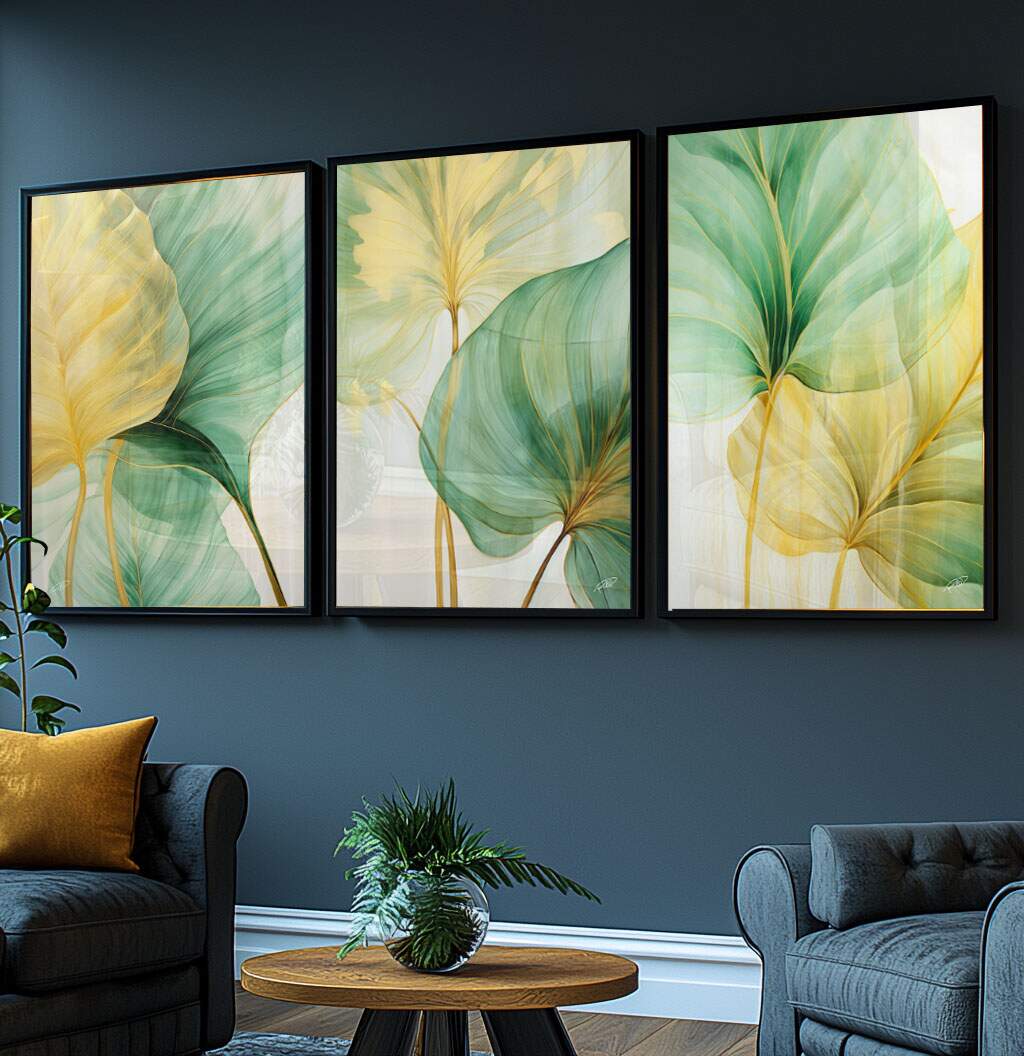 Quadro Decorativo Trio Moderno Folhagem Dourada para banheiros modernos decoração premium
