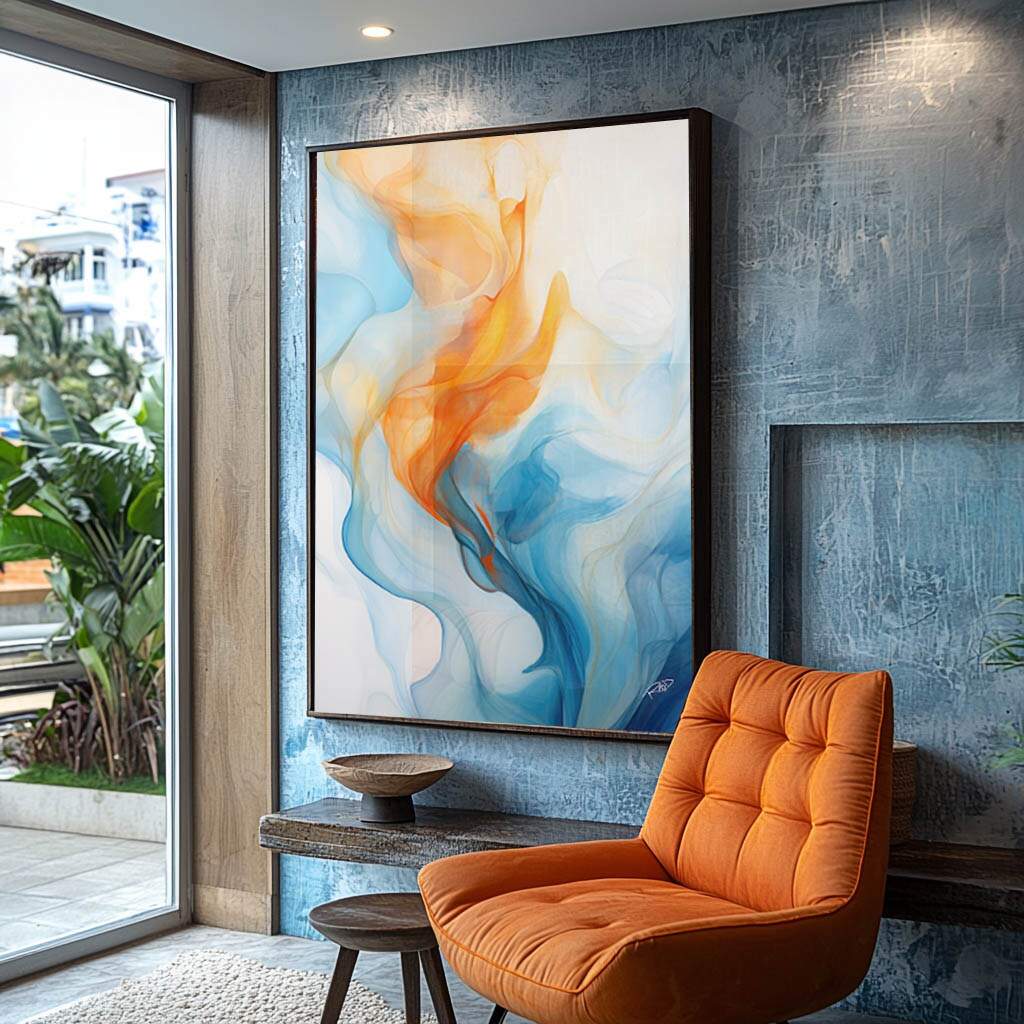 Quadro decorativo abstrato primavera com fluidez em tons de laranja e azul para escritório moderno