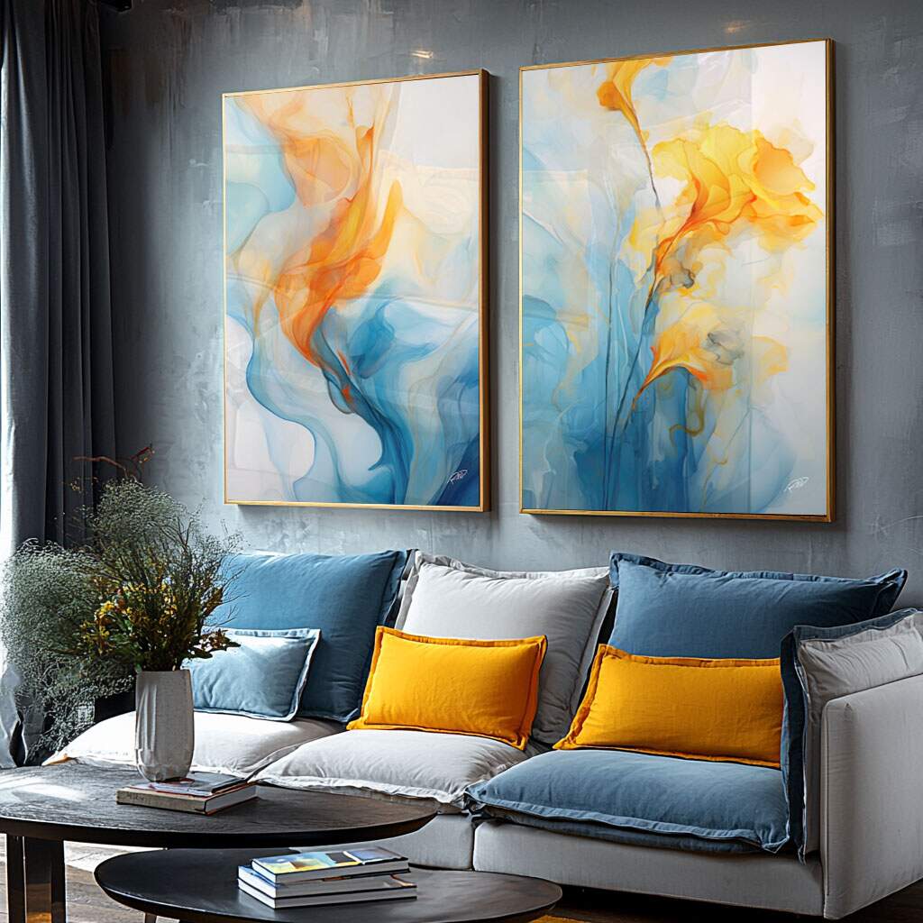 Fórmula de decoração aplicada em Quadro Decorativo Duo Abstrato Primavera com cores vibrantes para casa pequena
