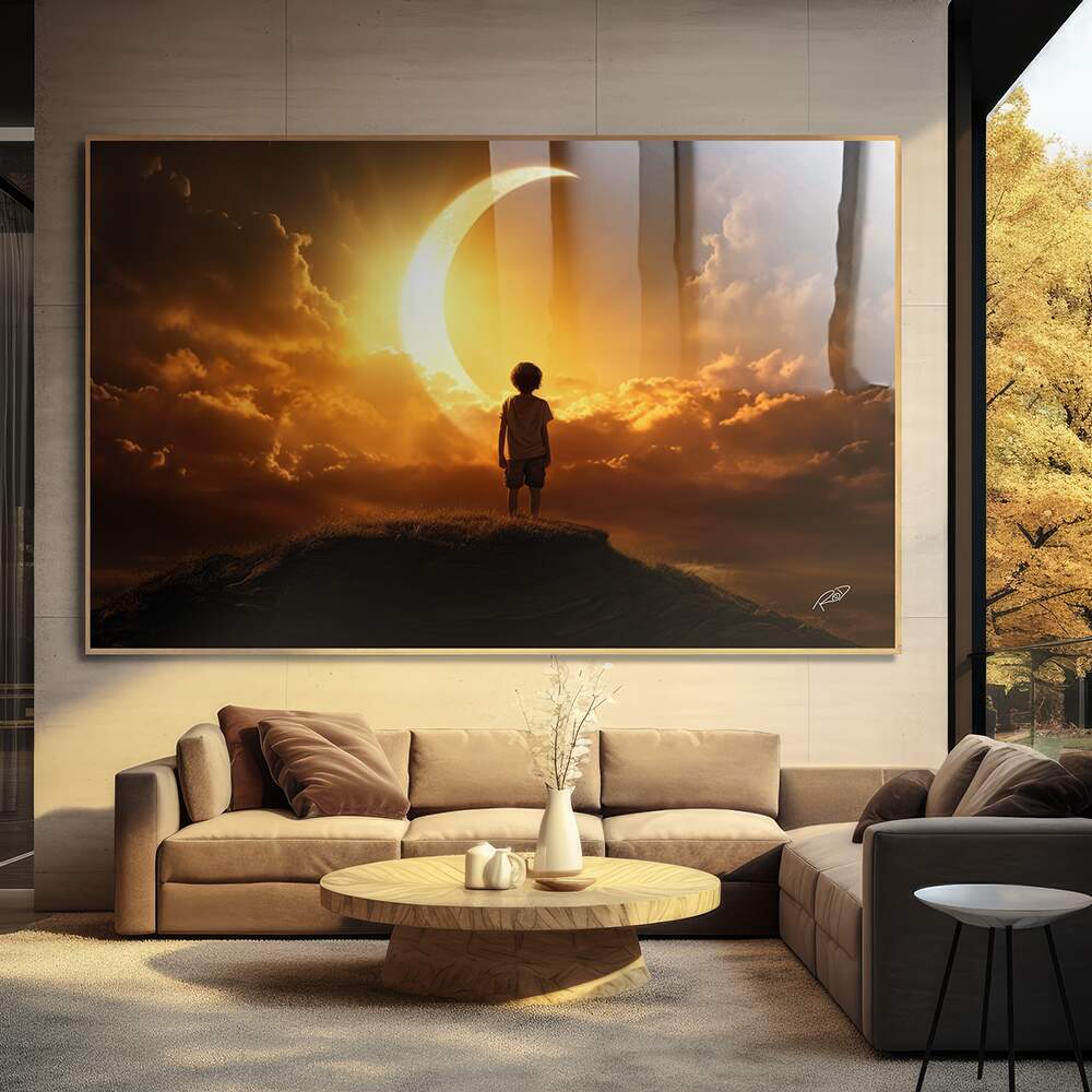 Decoração para quarto de menino: Quadro Menino Sonhador com lua dourada ao pôr do sol