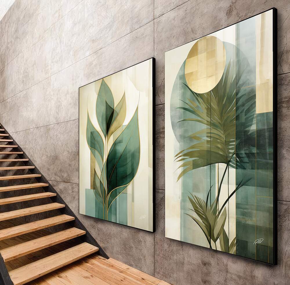 Decoração kitnet com quadro Duo Leaves verde e dourado minimalista