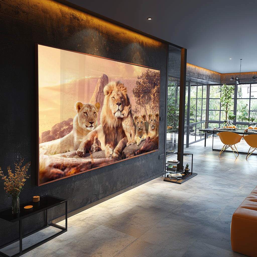 quadros decorativos para sala família de leões em canvas dourado
