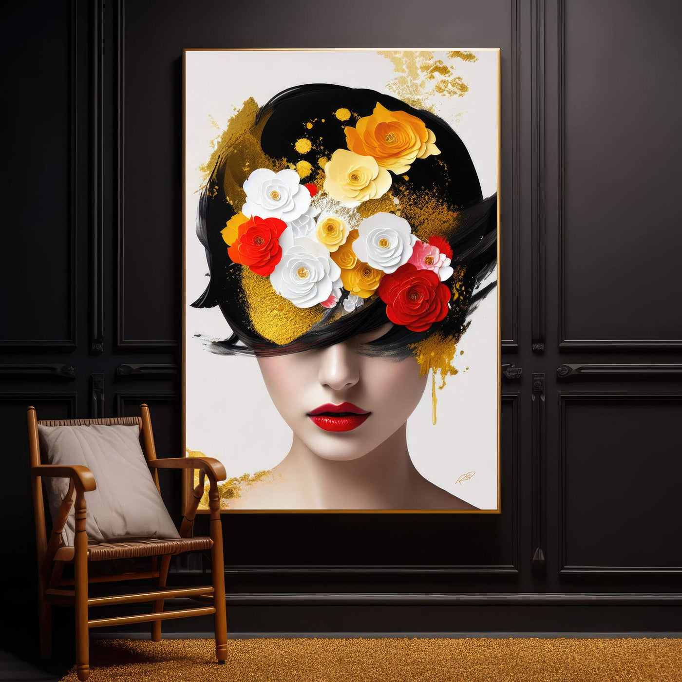 Dicas de decoração de casa e Quadro Decorativo Flower Head com mulher e flores em tons de ouro