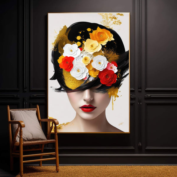 Dicas de decoração de casa e Quadro Decorativo Flower Head com mulher e flores em tons de ouro