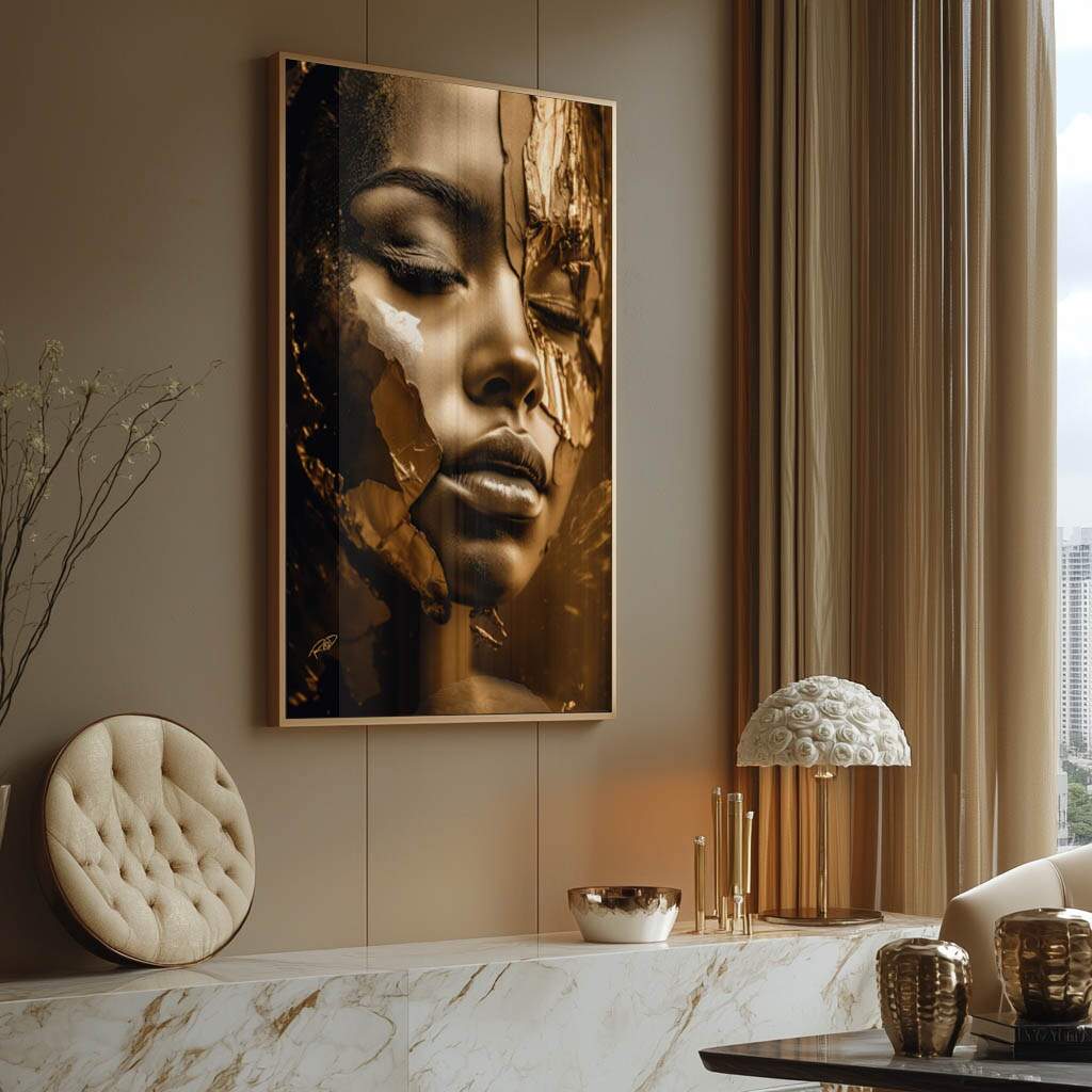 Sala de estar moderna e simples com quadro decorativo elegante Golden Face