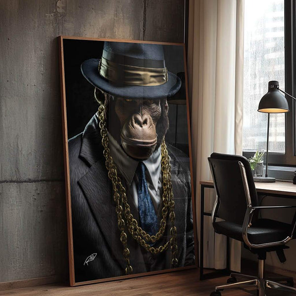 quadros decorativos de macacos gangster com correntes douradas e molduras premium