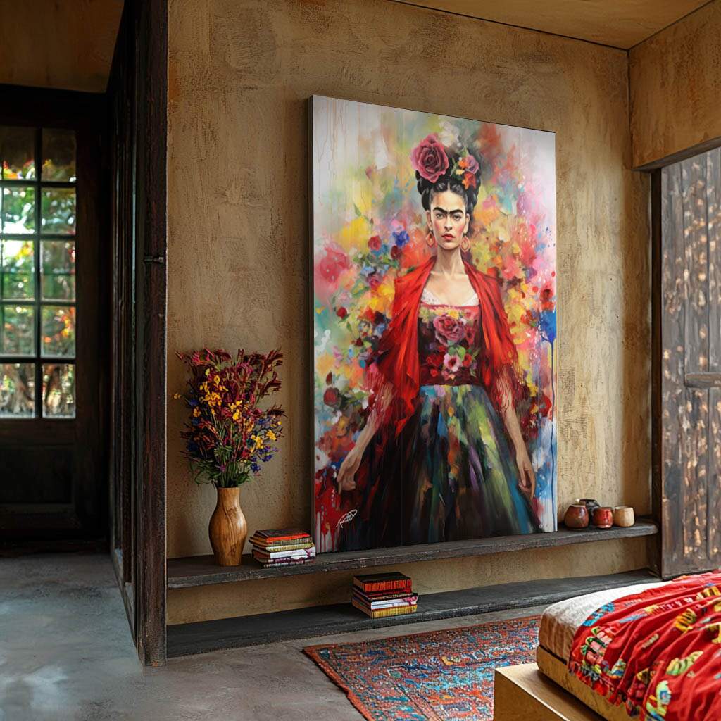Quadro decorativo Frida com mulher, flores coloridas em aquarela, inspiração mexicana para decoração