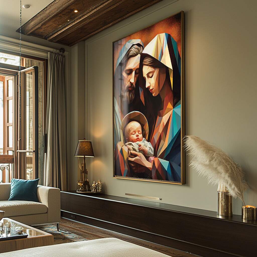 Quadro religioso moderno Sagrada Família com design geométrico e cores vibrantes