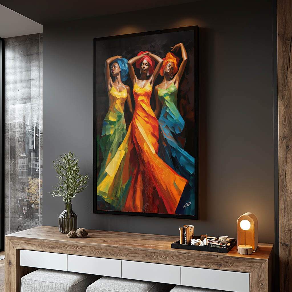 Decoração de salão de beleza com quadro afro contemporâneo colorido e vibrante