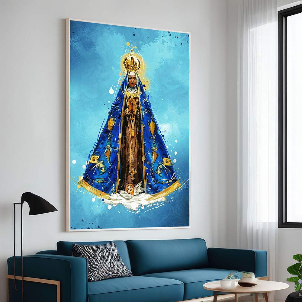Quadros religiosos católicos Nossa Senhora Aparecida em cores azul e dourado