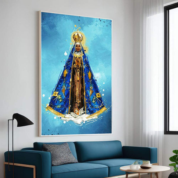 quadro decorativo religiosos Nossa Senhora da Aparecida com moldura dourada em canvas premium