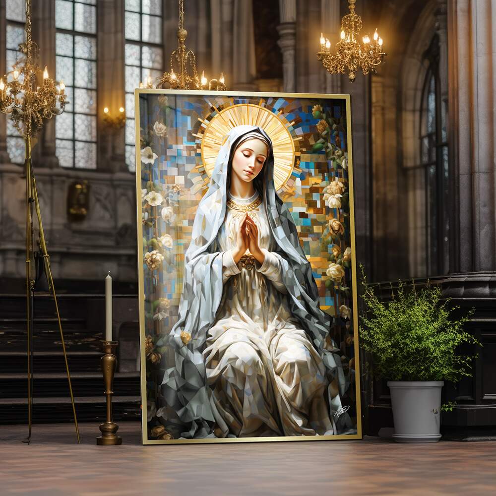 Quadro Deus Nossa Senhora de Fátima com aureola dourada símbolo de proteção e devoção